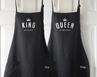 Personalized King Queen Matching Apron Set, Newly Wed Couple Custom Wedding Gift, Cute His Hers Husband Wife Cooking Baking Grilling Aprons