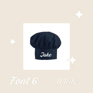 May include: A navy blue chef hat with the name "Jake" embroidered in white on the front. The hat is made of a soft, comfortable fabric and is perfect for any aspiring chef.