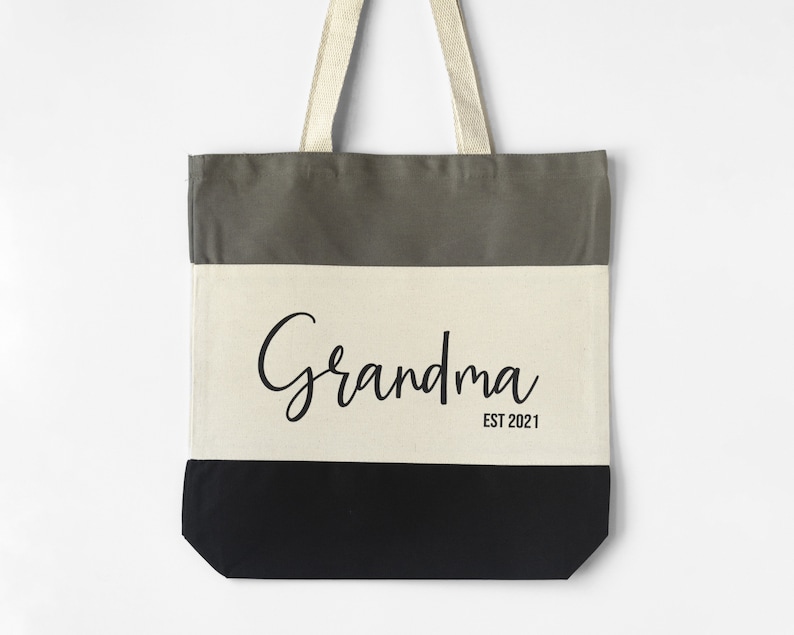 Personalized Grandma Tote Bag For New Grandmother, Mothers Day Gift For Gigi, New Nana Gifts Custom Name Cute Canvas Bags Black / Grey