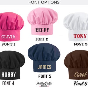 May include: Six different chef hats with various names embroidered on them in different fonts. The hats are pink, white, navy blue, black, brown, and light pink. The fonts are numbered 1 through 6.