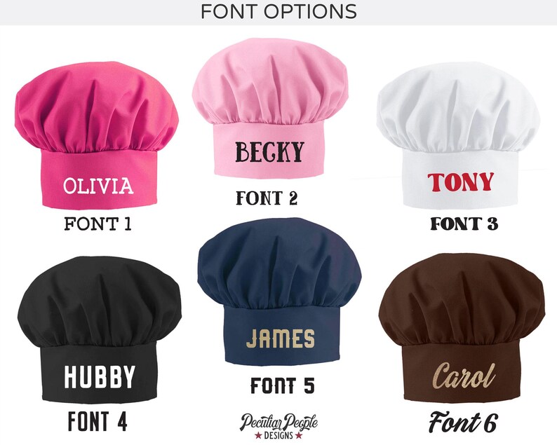 May include: Six different chef hats with various names embroidered on them in different fonts. The hats are pink, white, navy blue, black, brown, and light pink. The fonts are numbered 1 through 6.