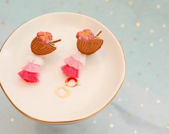 Tropical Coconut Drink Earrings with Tassels – Disney Food & Wine Inspired | Handmade Clay Earrings
