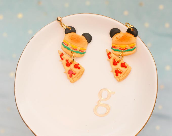 Featured listing image: Hidden Mickeys | Burger & Pizza Earrings – Disney Food Earrings | Handmade Lightweight Polymer Clay
