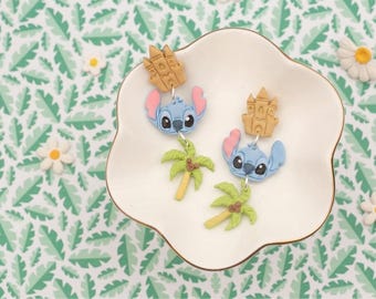 Stitch Sandcastle Earrings | Tropical Palm Tree Dangle Earrings |Polymer Clay Jewelry | Disney Vacation Accessories | Summer
