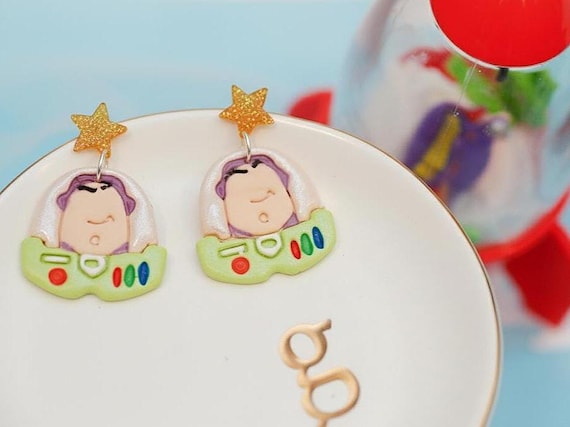 Space Ranger Dangle Earrings: Purple and Green Handmade Polymer Clay Toy Story Park Jewelry