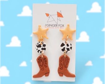 Handmade Cowboy Boot Dangle Earrings | Cow Print Polymer Clay Jewelry