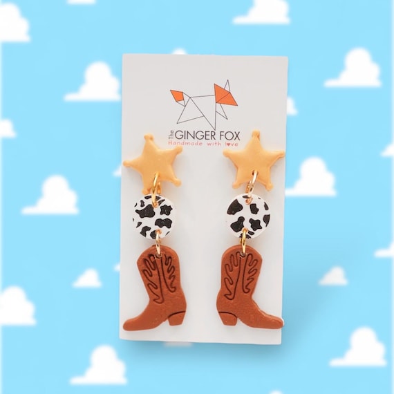 Handmade Cowboy Boot Dangle Earrings | Cow Print Polymer Clay Jewelry