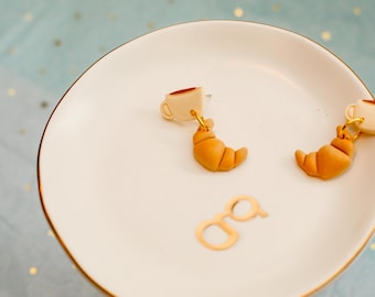 Coffee and Croissant Dangle Earrings – Polymer Clay Stud Style | EPCOT France Inspired Bakery Jewelry