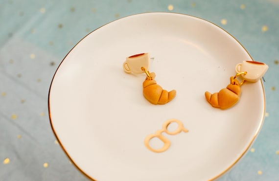 Coffee and Croissant Dangle Earrings – Polymer Clay Stud Style | EPCOT France Inspired Bakery Jewelry