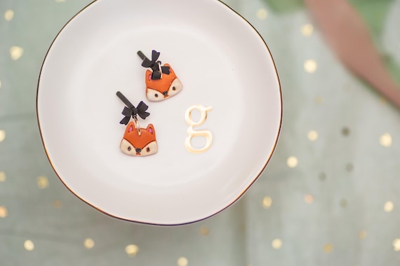 Handmade Fox Earrings, Polymer Clay Dangle with Bow