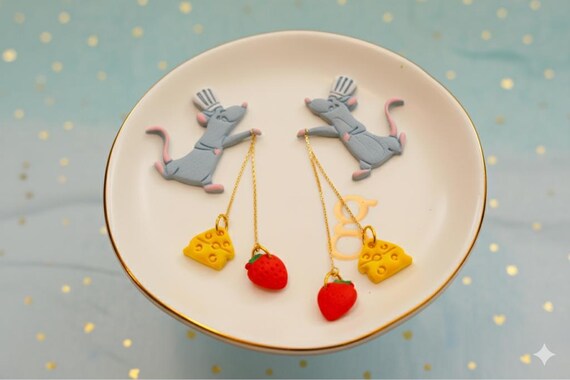 Chef Remy Earrings | Polymer Clay Cheese & Strawberry Dangle Earrings