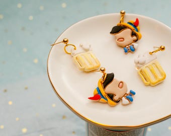 Pinocchio and Beer Mug Mismatch Earrings – Disney Germany Pavilion Inspired | Polymer Clay Food & Wine Festival Jewelry