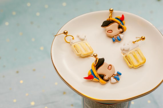 Pinocchio and Beer Mug Mismatch Earrings – Disney Germany Pavilion Inspired | Polymer Clay Food & Wine Festival Jewelry