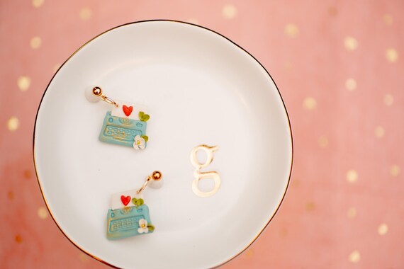 Floral Typewriter Dangle Earrings | Handmade Polymer Clay