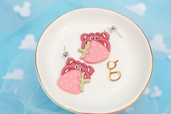 Lotso Bear Polymer Clay Earrings: Toy Story Inspired, Strawberry Bow