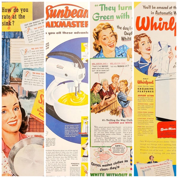 Vintage 1940s 1950s print advertisements, retro ads, vintage wall art, paper crafts, bathroom, kitchen, household decor