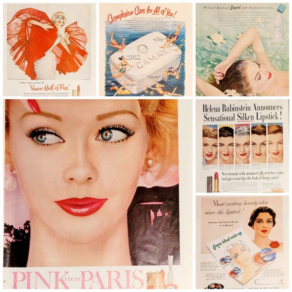 Vintage 1940s 50s 60s magazine advertisements, retro ads, feminine, beauty, bathroom art decor