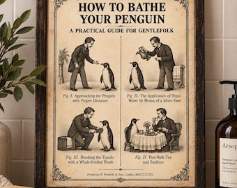 Funny Penguin Bathroom Print – Victorian Style Toilet Wall Art