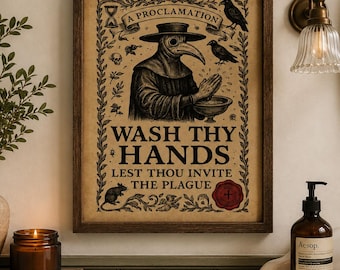 Lámina para baño con temática de médico de la peste / Póster "Lávate las manos" / Divertido arte mural gótico / Decoración médica vintage / Descarga digital imprimible