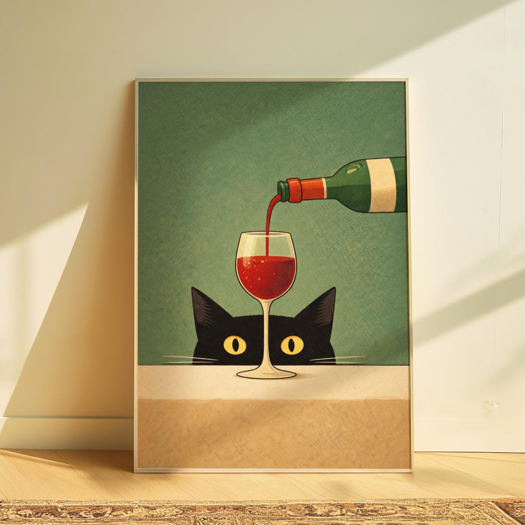 Black Cat Wine Wall Art | Funny Cat and Wine Print | Cat Lover Kitchen ...