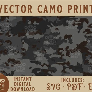 Könnte beinhalten: Ein digitales Vektor-Camouflage-Design in Grau- und Brauntönen. Der Text "VECTOR CAMO PRINT" steht oben, darunter "INSTANT DIGITAL DOWNLOAD" und "INCLUDES: SVG • PDF • EPS". Das Design weist ein sich wiederholendes Muster auf.