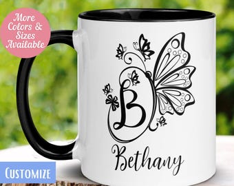 Personalized Butterfly Mug, Custom Initial Name Coffee Cup