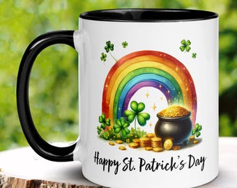 Personalized St. Patrick's Day Mug, Rainbow Shamrock Irish Coffee Mug