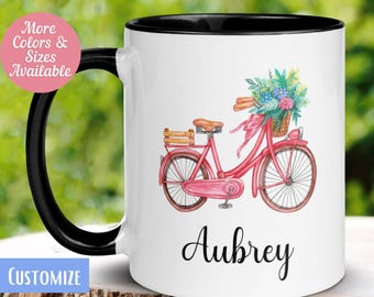 Personalized Floral Bicycle Coffee Mug, Vintage Bike Gift