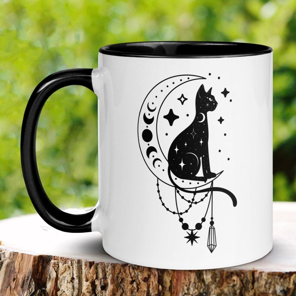 Black Cat Coffee Mug, Witchy Gifts, Mystic Moon Mug, Mystic Cat Mug, Cat Lover Gift, Celestial Cat, Moon Astrology Mug, Halloween Mug, 097