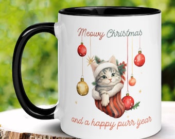 Cat Christmas Mug, Christmas Gifts, Meowy Christmas, Happy New Year, Cat Mom, Cat Lover Gift, Cat Dad, Holiday Mug, Cat Coffee Mug 1338