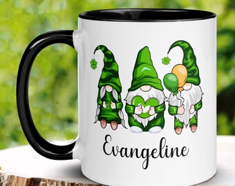 Garden Gnome Mug, Personalized Gift, St Patricks Day Gifts, Name Mug, Irish Coffee Mug, Saint Patricks Day Gnomes, Shamrock Clover, 1420