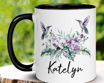 Personalized Hummingbird Mug, Watercolor Floral Coffee Cup, Gift for Mom