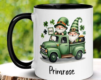 Garden Gnome Mug, Personalized Gift, St Patricks Day Gifts, Irish Coffee Mug, Saint Patricks Day Gnomes, Shamrock Farm Truck, Good Luck 1437