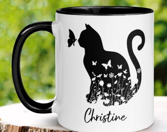 Personalized Cat Coffee Mug, Custom Cat Silhouette, Cat Lover Gift