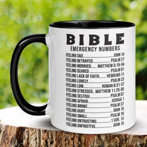 Bible Emergency Numbers Mug, Bible Mug, Christian Gifts, Christian Mugs, Scripture Mug, Inspirational Mug, Jesus God Mug, Pastor Gift 881