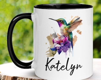 Personalized Hummingbird Coffee Mug, Custom Floral Orchid Mug