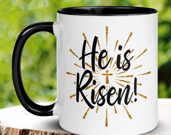 Christian Gifts, Christian Mug, He Is Risen, Easter Mugs, Christian Coffee Mug, Jesus Gold Cross Mug, Easter Coffee Cup, Easter Gift, 1454