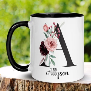 Name Mug, Initial Letter Mug, 15 oz 11 oz, Monogram Mug, Floral Alphabet Mug, Personalized Flower Coffee Mug, Gift for Mom Daughter, 397