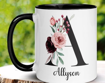 Name Mug, Initial Letter Mug, 15 oz 11 oz, Monogram Mug, Floral Alphabet Mug, Personalized Flower Coffee Mug, Gift for Mom Daughter, 397