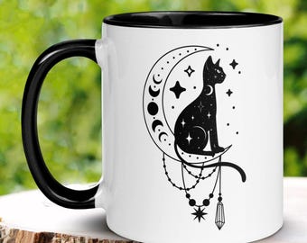 Mystic Black Cat Coffee Mug, Witchy Celestial Moon Astrology Gift