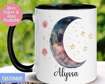 Moon Mug, Celestial Moon, Moon and Stars Coffee Mug, Witchy Mug, Astrology Mug, Personalized Custom Name Mug, Moon Cup, Boho Moon Stars 516