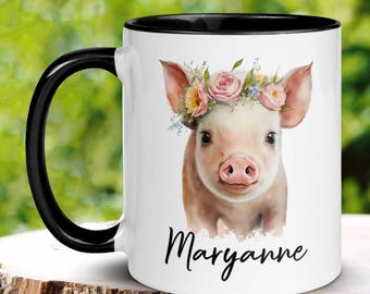 Personalized Pig Mug, Floral Crown, Cute Animal Coffee Cup