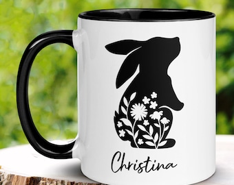 Custom Name Easter Bunny Mug with Beautiful Floral Silhouette - Personalized Gift for Spring, Easter Coffee Mug, Rabbit Floral Mug, 1459