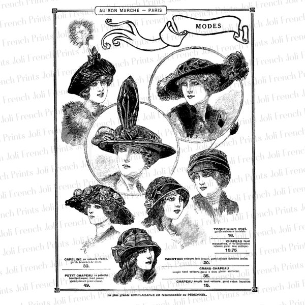 Fashion women's hats Old French catalog page Paris clipart digital image JPG PNG transparent background scrap bullet junk journal