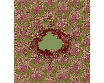May include: A vintage floral design with a gold and red frame. The frame has a green center and is surrounded by a pattern of pink flowers and green leaves.
