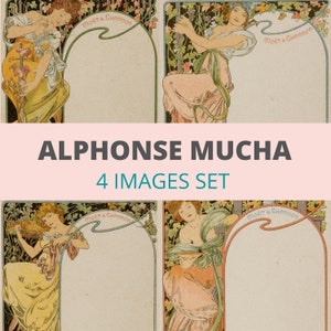 Conjunto de imagens do cartão de menu Alphonse Mucha DOWNLOAD DIGITAL Conjunto de 4 imagens vintage de Mucha para download jpg jpeg
