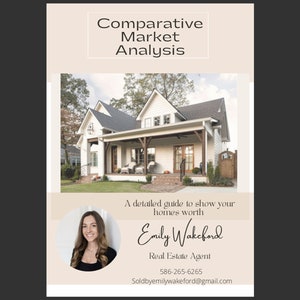 Puede incluir: Una casa blanca con un gran porche delantero y un techo marrón. La casa está rodeada de hierba verde y árboles. El texto "Comparative Market Analysis" está en la parte superior de la imagen. El texto "A detailed guide to show your homes worth" está debajo de la imagen de la casa. El texto "Emily Wakeford" está debajo del texto "A detailed guide to show your homes worth". El texto "Real Estate Agent" está debajo del texto "Emily Wakeford". El texto "586-265-6265" está debajo del texto "Real Estate Agent". El texto "Soldbyemilywakeford@gmail.com" está debajo del texto "586-265-6265".