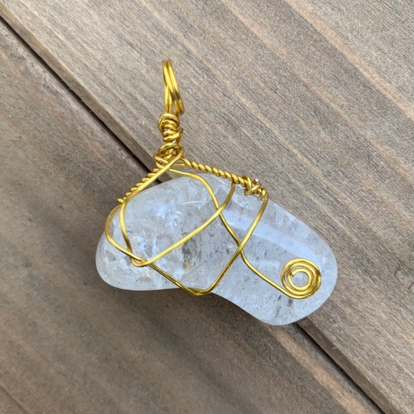 Polished fire & ice quartz wrapped in gold | necklace pendant