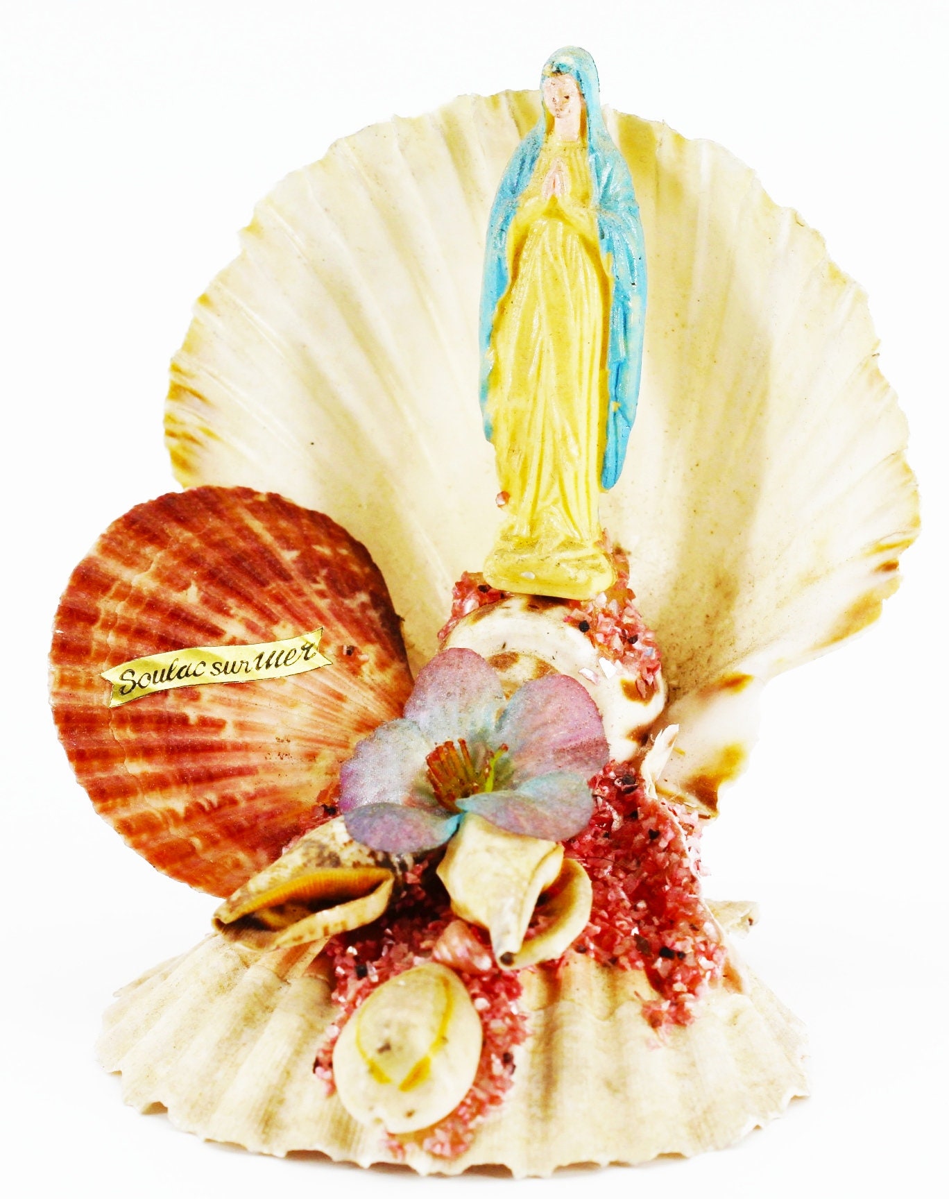 Ancienne Statue Vierge Marie sur Coquillage