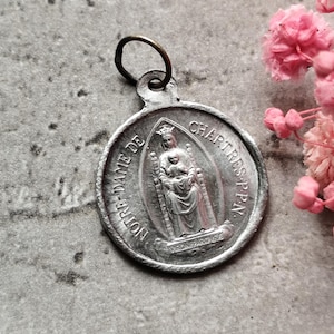 Rare antique French Our Lady of Chartres pray for us and Chartres Cathedral for us silver colored round